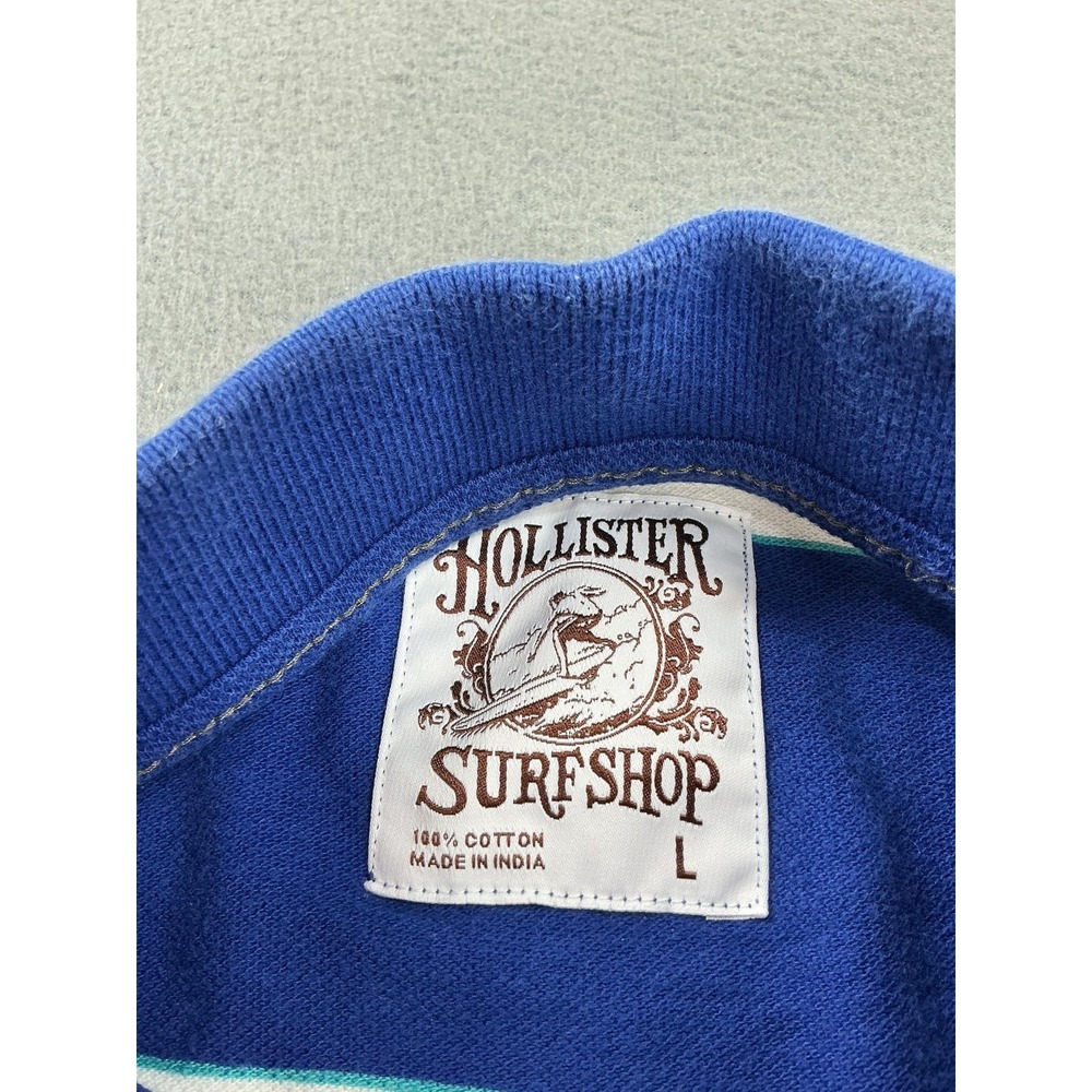 Hollister Polo Shirt Mens L Blue Striped 100% Cotton Collared Surf Shop mallcore - Picture 2 of 7